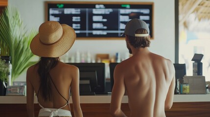 Airport counter with a young couple preparing for their honeymoon in Bali. Featuring romance and adventure