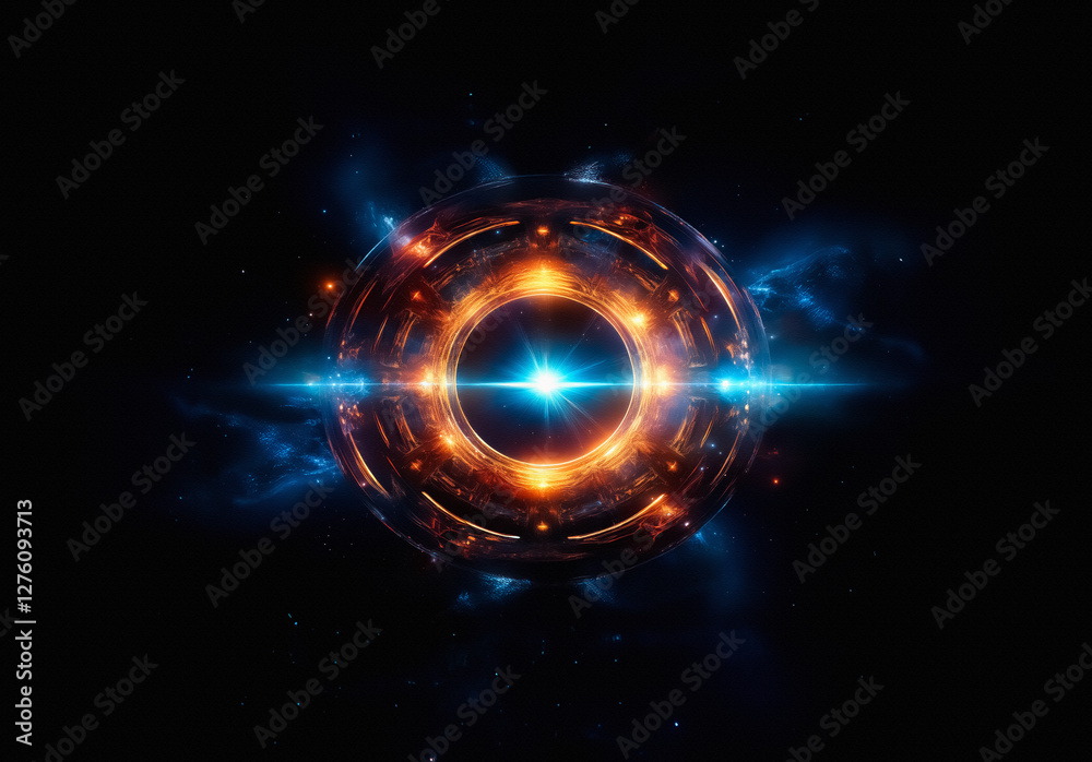 Poster a luminous sphere with rings emits vibrant orange and blue light against a dark cosmic backdrop, cre