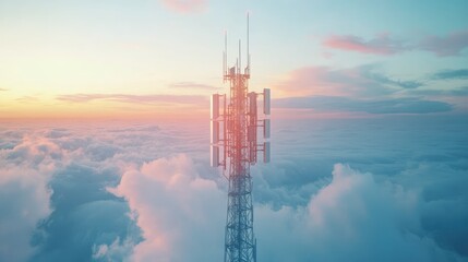 Telecommunication tower cellular. Macro Base Station. 5G radio network telecommunication equipment with radio modules and smart antennas mounted on metal against a clouds sky background.