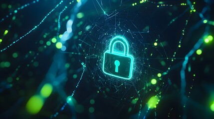 Vibrant blue and green glowing padlock, representing cybersecurity and modern design