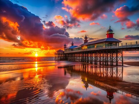 Blackpool North Pier Sunset - Red Sky, Illuminated Seaside Pier