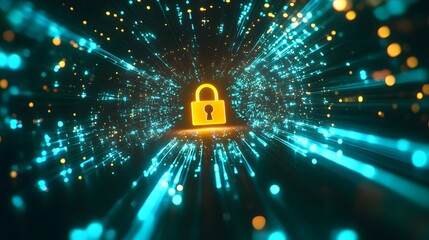Glowing padlock surrounded by vibrant lights, embodying security and futuristic technology