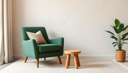 Modern living room with mint chair, tan pillow, stool, potted plant, and textured wall