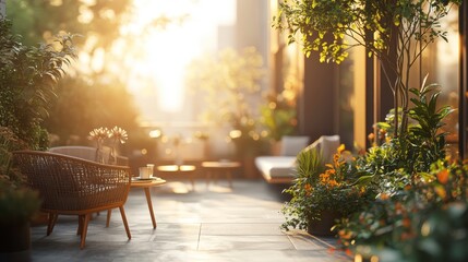 Fototapeta premium A serene outdoor space bathed in warm sunlight, featuring cozy seating and lush greenery, perfect for relaxation and gatherings.
