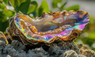 A vibrant, open shell displaying iridescent colors on a rocky beach with greenery in the background