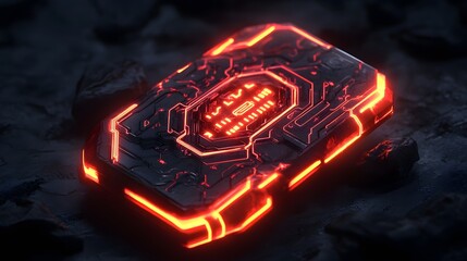 Vibrant glowing shield icon with intricate circuitry, perfect for cybersecurity themes