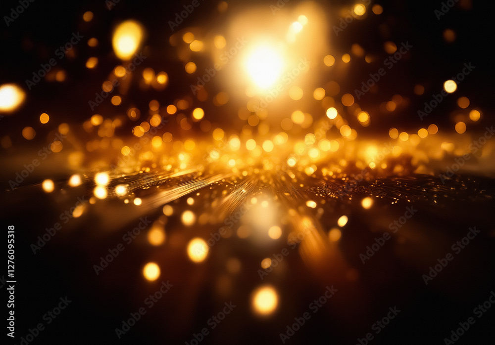 Poster Golden bokeh lights on a dark background create a warm, magical atmosphere.  Blurred golden orbs resemble scattered sparks or distant stars, shining brightly in the darkness.