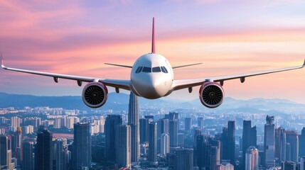 Aircraft approaching urban area at sunset. The aircraft is in sharp focus against a soft focus urban backdrop with a vibrant pink and orange sky. The