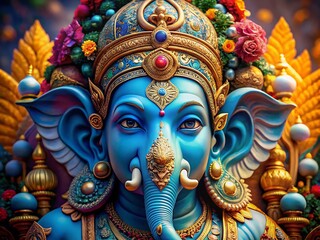 Obraz premium Blue Ganesha: Close-Up Hyperrealistic Deity Portrait with Indian Background