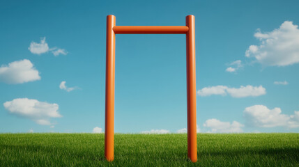 tall and slim pull up bar stands against clear blue sky, surrounded by green grass, creating vibrant and inviting outdoor fitness space