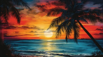 tropical palm tree etching