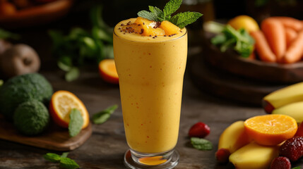 Fototapeta premium Creamy mango smoothie in tall glass, garnished with mint and fruit. refreshing blend of tropical flavors, perfect for healthy snack or breakfast