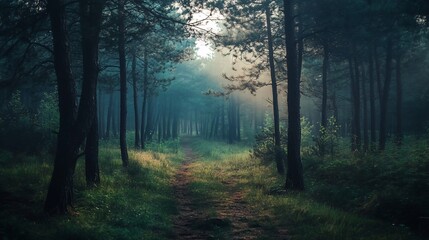 Obraz premium Misty forest path at dawn, sunlight filtering through trees.