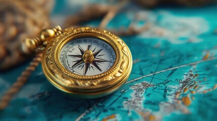 Close up view of an antique gold compass resting on a teal colored map. The compass features intricate detailing and a worn, aged appearance