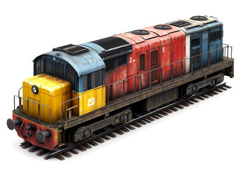 Obraz premium A yellow and blue train with cargo containers on the sides, isolated on a white background. 3D rendering illustration