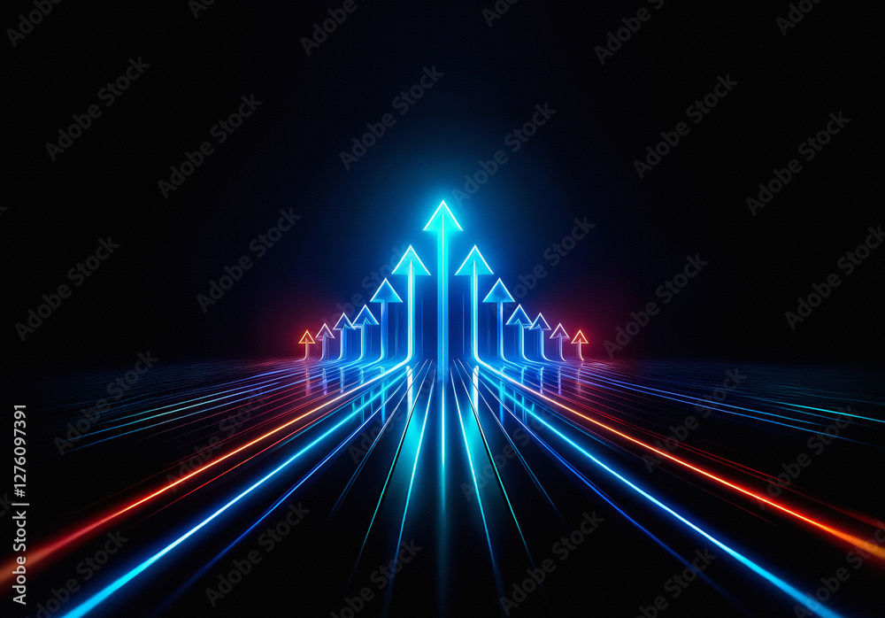 Aufkleber A set of glowing arrows pointing upwards in blue and orange hues against a dark backdrop, creating a dynamic perspective of forward movement and direction.