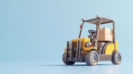Forklift carrying box on light blue background.  Possible use  Stock photo for business and logistics