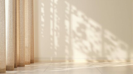 A room with a white wall and a curtain