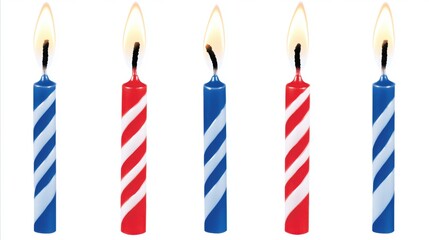 Five Birthday Candles Alternating Red and Blue with White Stripes on White Background