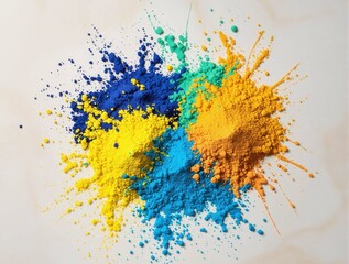 A pile of blue, yellow, and green powder. Holi festival