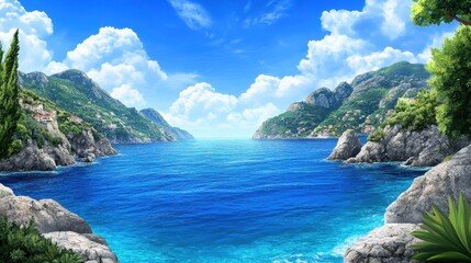 Obraz premium Vibrant summer seascape, azure water between lush green hills, clear blue sky with fluffy white clouds. Sunlight illuminates the scene, creating a