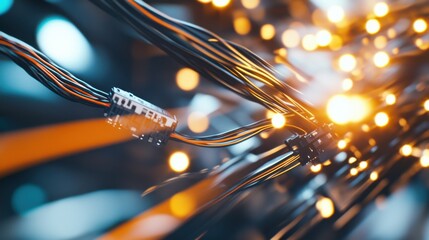 Damaged cables being fixed by a technician in a modern office. Featuring precision and technical skill