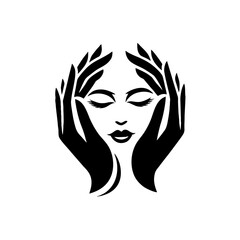 Bold Black Silhouette Logo for Beauty Parlor - Hands Holding Heart-Shaped Face on White
