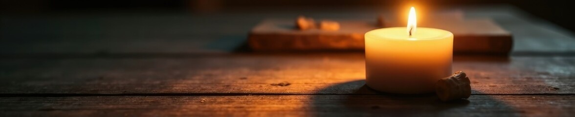 A solitary white candle casts warm shadows on a wooden cross, wood, wooden cross