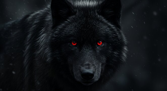 Intense Black Wolf Portrait with Piercing Red Eyes in Dark Setting