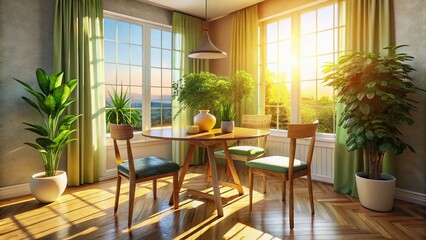 Bright Sunlit Dining Room Corner with Sheer Curtains and Greenery