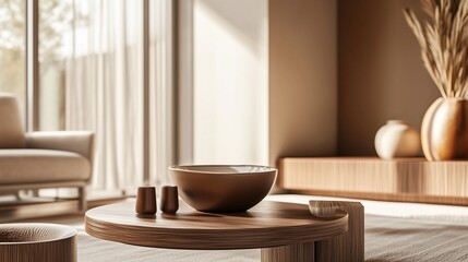 Wooden table with a vase of flowers. Interior design with a modern style in the pantone. Colour mocha 2025 mousse. A table made of wood featuring lifestyle a flower vase.