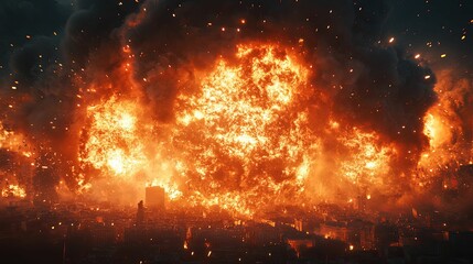 Naklejka premium Massive Fire Engulfs City Buildings And Structures