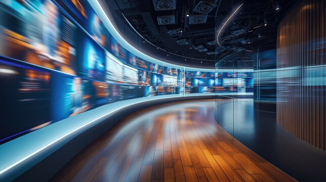 Blurred wall of television screens broadcasting 24/7 news and media. Concept of internet, AI, and nonstop data as wallpaper background