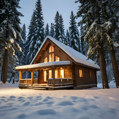 A beautiful wooden chalet nestled deep in the heart of a snowy forest, surrounded by tall evergreen trees covered in a thick blanket of snow. A soft, golden glow emanates from its windows.