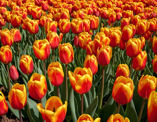 The colorful flowers of tulips, spring season, red and yellow tulips.