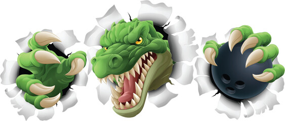 A crocodile, dinosaur or alligator lizard sports mascot holding a bowling ball © Christos Georghiou