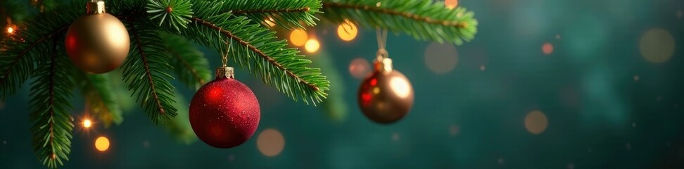 Decorated evergreen branch with hanging baubles, decorations, branches