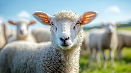 Obraz premium A sheep with its head up and looking at the camera