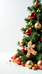 Decorative gingerbread fir tree with golden ornaments and candies on a white background, ornaments, holiday decor, Gingerbread