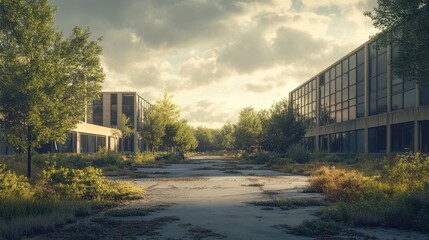 Obraz premium A serene view of an abandoned area, featuring overgrown vegetation, dilapidated buildings, and a cloudy sky, evoking a sense of history and nature reclaiming space.