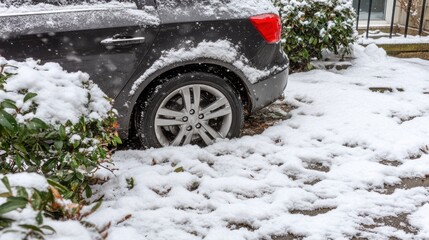 Dark Car Parked in Snow Covered Ground With Snow Covered Bushes During Winter Season
