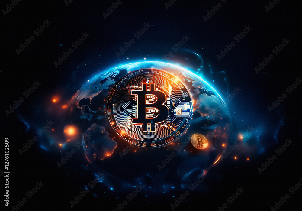 Aufkleber Bitcoin symbol levitates above a digital globe, surrounded by glowing particles against a dark space backdrop. Futuristic and technological representation of global digital currency.