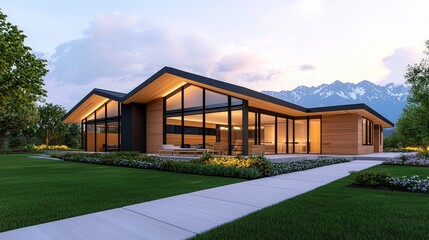 A modern house featuring large glass windows, wooden accents, and a landscaped yard, set against a mountainous backdrop.