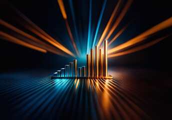 Illuminated bar graph in blue and orange radiates light rays on a dark reflective surface. Metallic columns visualize data with a futuristic glow.