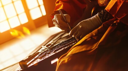 Damaged cables being inspected and repaired by a technician in an office space. Featuring technical skill and attention to detail