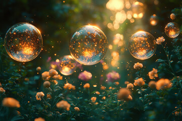 Naklejka premium Ethereal bubbles drift through vibrant garden filled with flowers, creating magical atmosphere