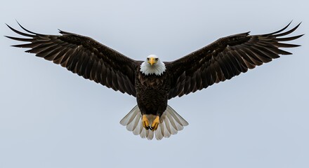 Fototapeta premium Bald Eagle Soaring with Wings Fully Extended Against a Cloudy Sky