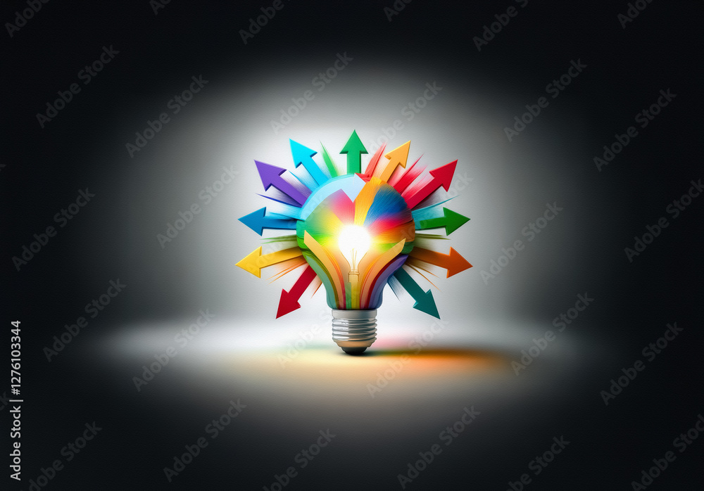 Poster a vibrant lightbulb composed of colorful arrows radiates outward against a dark backdrop. it symboli