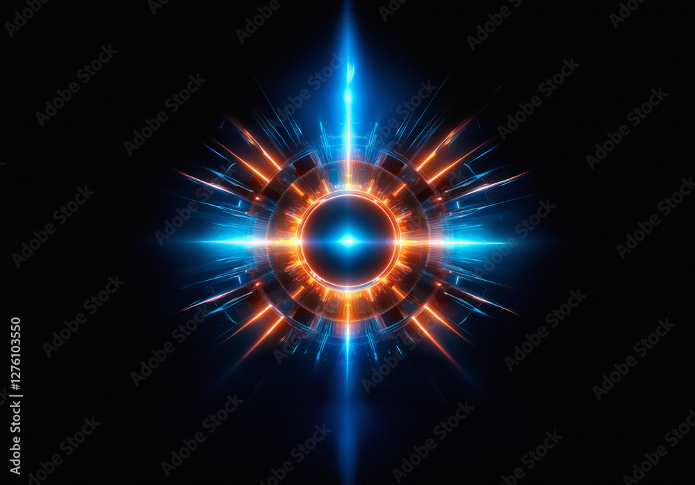 Poster symmetrical abstract glowing circle with vibrant blue and orange lights radiating outwards in a star
