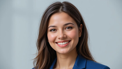 Obraz premium Portrait of a professional and confident businesswoman in a blue suit, smiling and isolated on a clean background